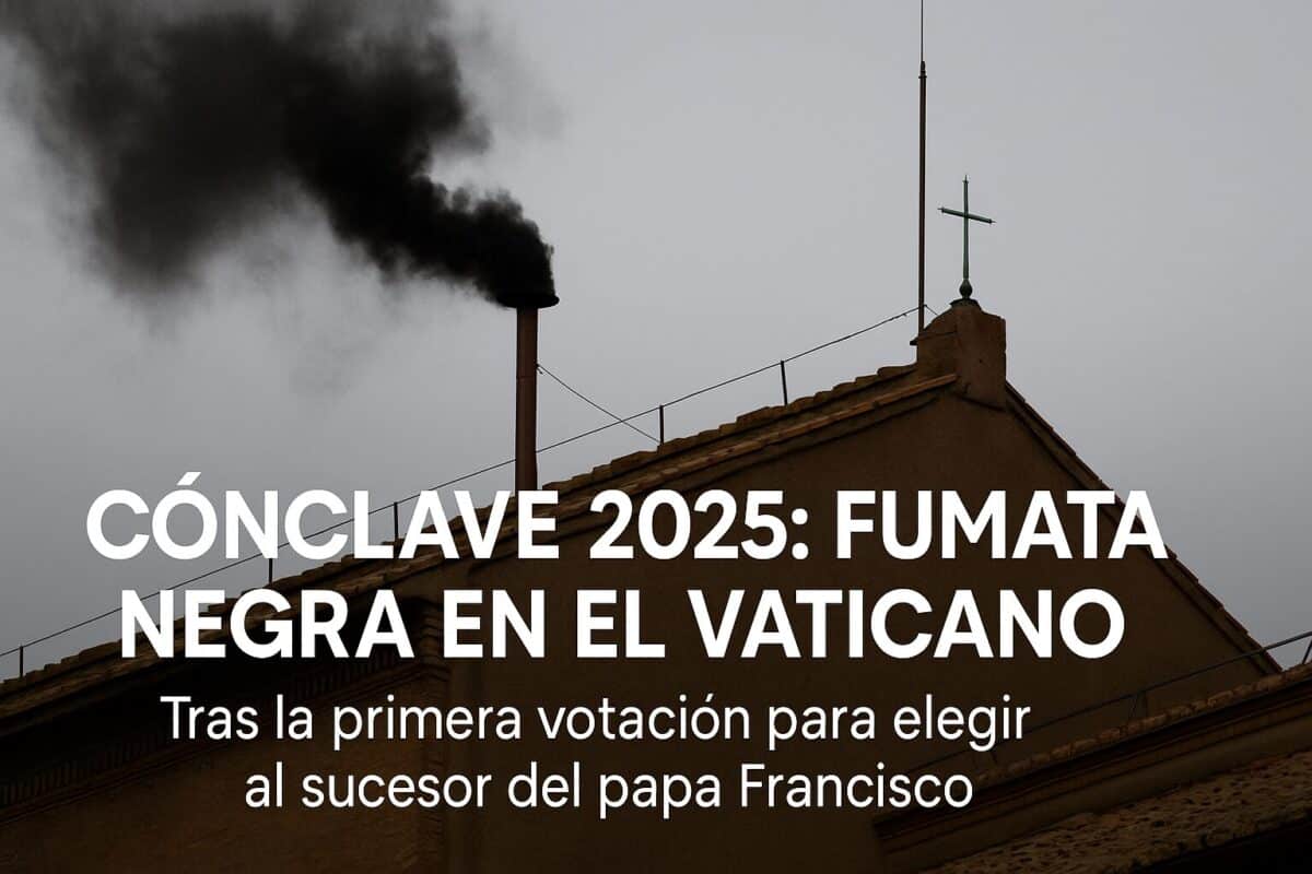 Chimenea de la Capilla Sixtina emitiendo fumata negra durante el Cónclave 2025, señalando que aún no se ha elegido al nuevo papa tras la primera votación.