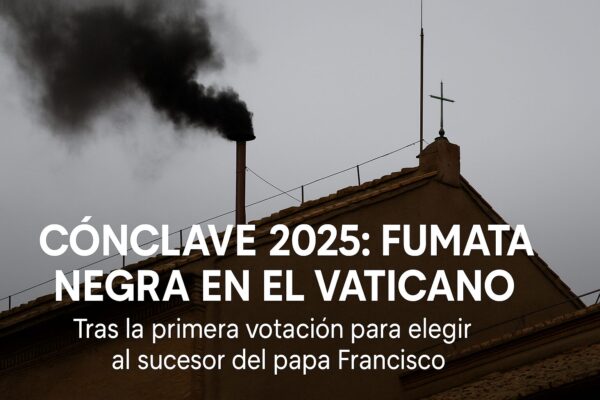 Chimenea de la Capilla Sixtina emitiendo fumata negra durante el Cónclave 2025, señalando que aún no se ha elegido al nuevo papa tras la primera votación.